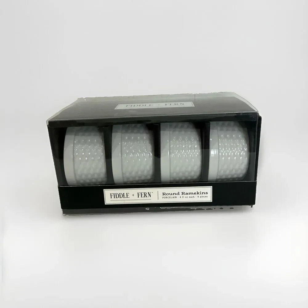 NEW Fiddle and Fern 4 Oz. Honeycomb Round Ramekins 4 Pieces White Porcelain